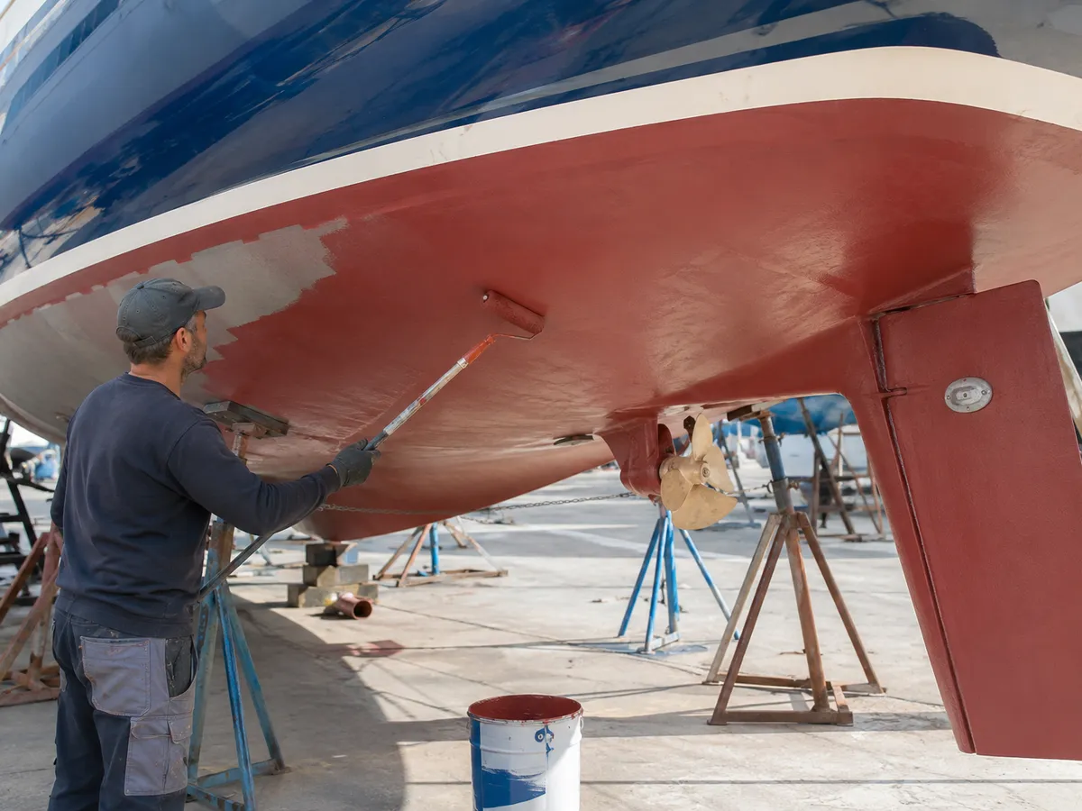 Application d'antifouling au rouleau sur la carène d'un bateau au chantier naval
