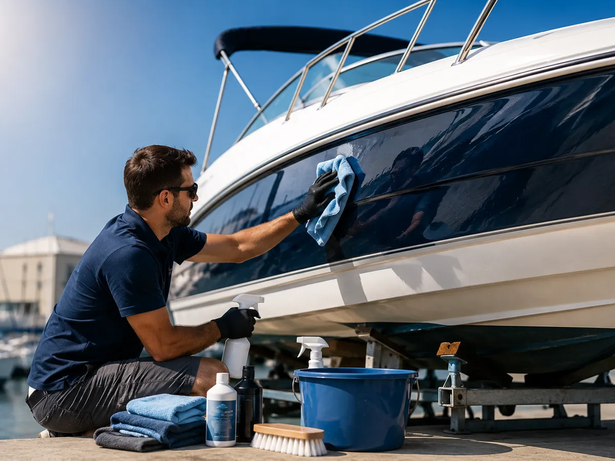 Professionnel nettoyant la coque d'un bateau à moteur à quai sur la côte atlantique