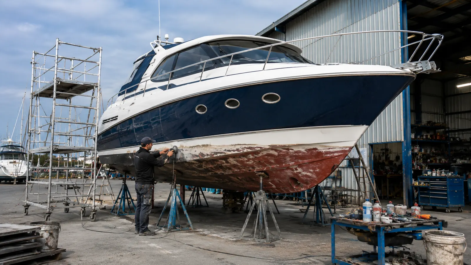 Ponçage de la coque d'un bateau à moteur au chantier naval avant remise en état