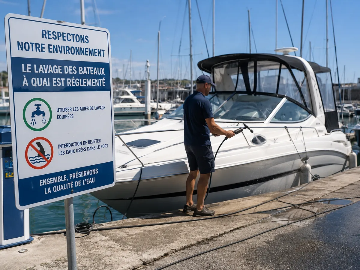 Panneau 'Le lavage des bateaux à quai est réglementé' sur un ponton, une personne nettoyant un bateau au port