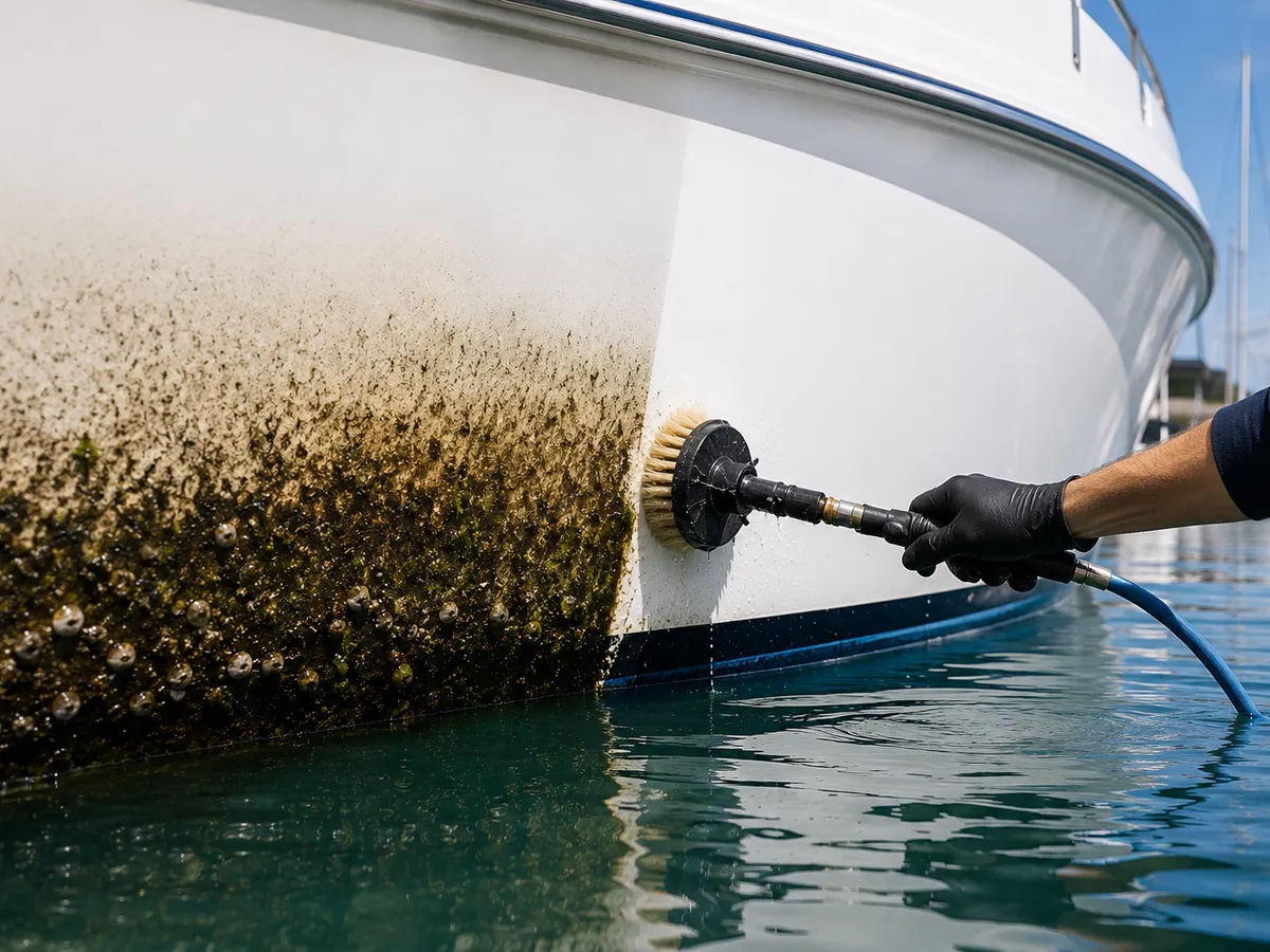 Nettoyage à flot de la coque d'un bateau à moteur à la brosse, algues et coquillages sur la partie non encore traitée